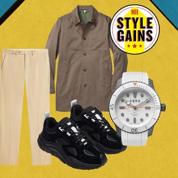 Fashion items including a coat, trousers, sneakers, and a watch against a colorful background. Fashion items including a coat, trousers, sneakers, and a watch against a colorful background.