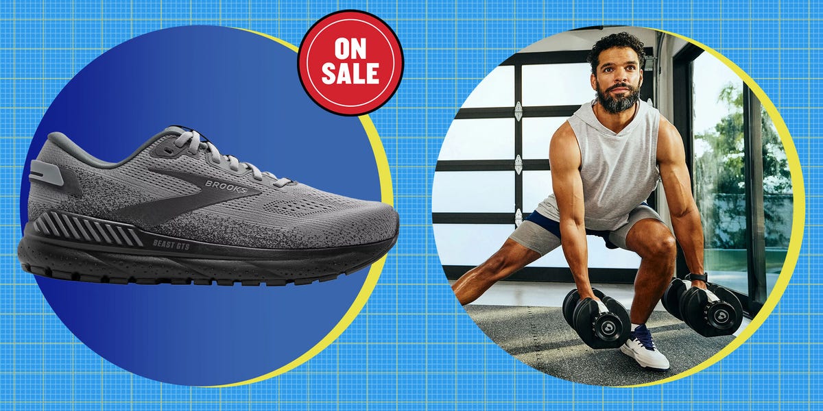 Athletic shoe on sale alongside a person exercising with weights.