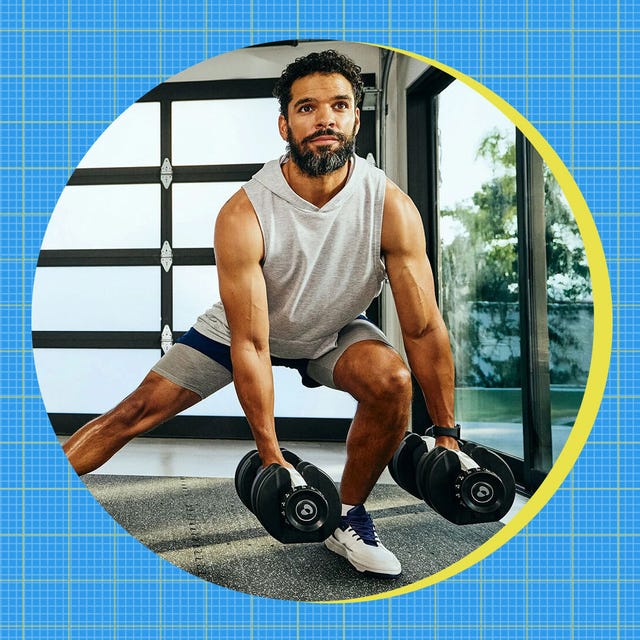 Sale advertisement featuring a gray athletic shoe and a person exercising with dumbbells.