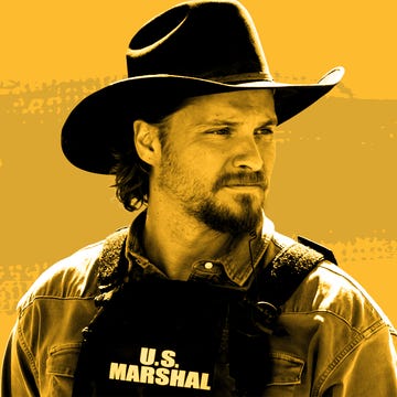 person wearing a cowboy hat and a us marshal vest against a yellow background