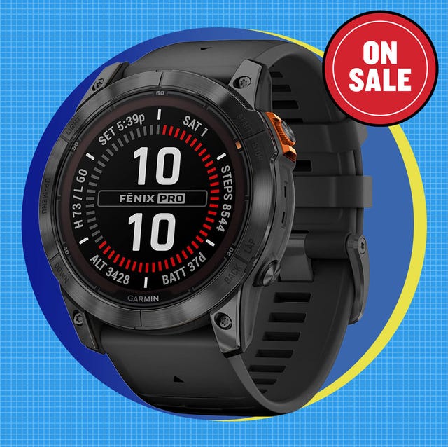 two garmin smartwatches displaying time and fitness metrics with a sale banner