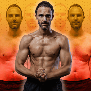 muscular male figure in the foreground with other figures faded behind against a gradient background